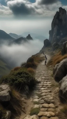 narrow stone path above the ground gradually getting higher into the clouds no railings, dangerous drop people in black leathers medievil period weather is wet spiraling into the clouds fantasy, a valley in mountains showing in the background human skulls on the sides of the trail