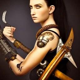 realistic, young model with sword, short black hair. holding a sword black tatoo on arm. dressed a steampunk pirate, bra with carved leather. Salvador dalì style. Ships in background with high details. 4k, unreal engine. Vermeer