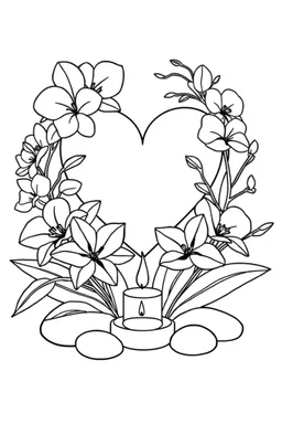 outline art for visually rich appealing heart ikebana orchids plumeria spa rounded stones around candles, coloring page for kids, white background, fit to page, only use outline, clean line art, no shadows, clear and well outlined