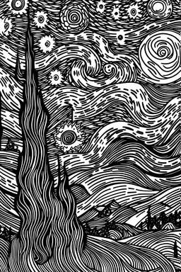 colouring pages about "Starry Night" from Van Gogh's famous painting. Black and white, minimalist line.