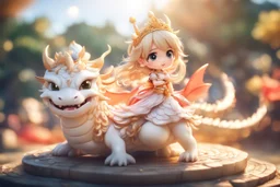 a cute anime chibi princess sitting on a wild chinese dragon and dynamically riding it in sunshine, cinematic postprocessing, bokeh, dof