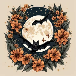 Best quality, masterpiece, ultra high res, detailed, illustration, design, flat vector style, high resolution, illustraTed, shadows and light, aesthetic, modern, ambient lighting, flat colors, vector illustration, bat, moon, leaves, stars, flowers, sailor jerry tattoo, old school tattoo