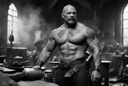 [very impressive high res masterpiece in Kodak Eastman 5247, scene by László Krasznahorkai] bald Charles Bronson as Vulcan covered with tattoos, the deity of hell and blacksmith of gods, in his smoky workshop, his hands are surrounded by an aura of power