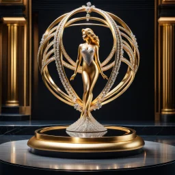 A magnificent golden and silver heart-shaped sign adorned with a stunning golden sphere encrusted with sparkling diamond clusters at its center, elegantly spinning in position,a girl statue standing pose