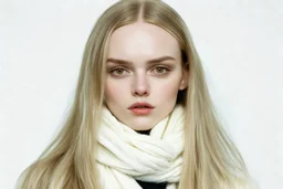 Polaroid, elle fanning, cheveux long séparés au milieu, sans frange, yeux marron, petit nez, echarpe blanche oversize, , fond blanc