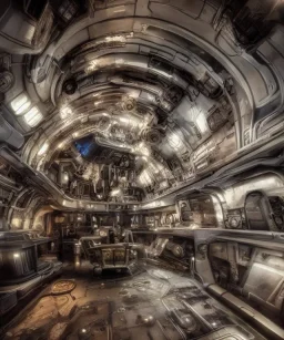 Inside a futuristic steampunk space ship