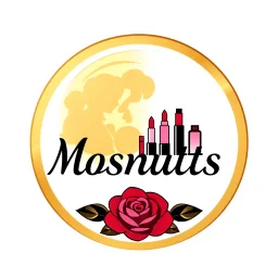 A circular logo designed for a cosmetics store with the symbol of the moon, which is decorated with cosmetics and nail polish, lipstick, body spray, and with a rose at the bottom, and gold, black, red, pink, and red colors are used in it.