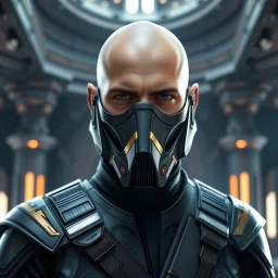 bald male corellian jedi wearing gunmetal grey and black old republic armored flightsuit and breath mask with gold and metallic red trim inside the jedi temple, centered head and shoulders portrait, hyperdetailed, dynamic lighting, hyperdetailed background, 8k resolution, volumetric lighting, light skin, fully symmetric details