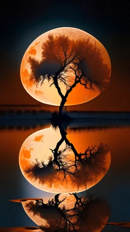 orange full moon and water reflecting, and dry tree