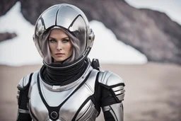 photo of a Sci-fi woman, wearing a silver and black spacesuit looking like an android, no helmet, on an alien planet