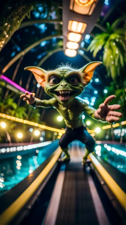 fisheye selfie by furry hairy pimp rocker alien giant gremlin on bridge over water slide dancing in dark lit reflective wet jungle hall hotel tunnel,bokeh like f/0.8, tilt-shift lens 8k, high detail, smooth render, down-light, unreal engine, prize winning