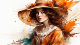 Vintage art, brown and orange shades, sunny day, straw hat for woman, summer dress, splashes of art, in the style of Dante Gabriel Rossetti, Yossi Kotler, Camilla D'Errico, masterpiece, fine art in the style of Carne Griffiths, Paula Hoppe