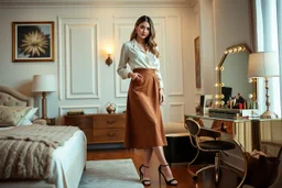 very beautiful sexy lady with beautful cream brown midi skirt and blouse standing in a luxury bedroom with high heels next to makeup desk looking to camera