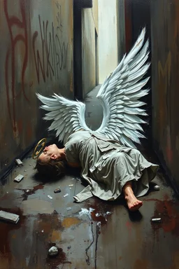 Abstract grunge oil painting of an Urban alley grunge scene, fallen angel laying on ground in ripped robes, white stained wings, feathers misplaced, slight glowing, but broken halo. Dirty walls, graffiti in Latin, oil on the ground. Harsh shadows and goth undertones. areal view looking down , messy brush strokes, close up