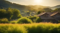 Beautiful realistic rural landscape, warm sunshine, lush plant growth, human habitation, peaceful, delightful, idyll, award-winning photograph, detail, beautiful composition, attractive colour, chiaroscuro