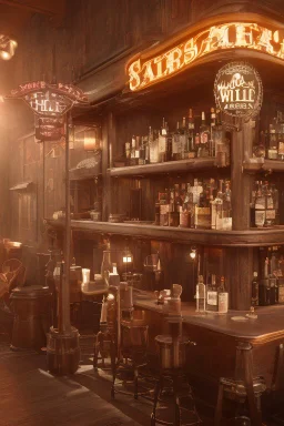 A (((vintage saloon bar wild west))) with classic design features and colorful accents, hinting at a nostalgic road trip atmosphere