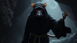 the yoga rat man, bigblack iris eyes with white glints, ou’re looking at someone who doesn’t just walk into shadows—they belong to them. The black robes cling like a second skin, the belt tied tight with gold thread that catches the light only when he moves. His face is wrapped, but not hidden—his eyes glow like embers, red and steady, as if he’s already seen what waits inside the cave. The tail curls behind him, not in fear, but in readiness. He doesn’t need a torch, because the darkness