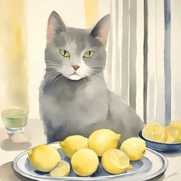 A cat with a bowl of lemons on the table painted watercolors at nouveau