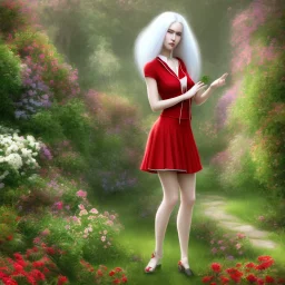 young lady walk in garden with red shirt and white hair