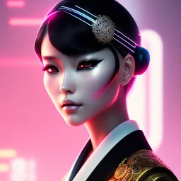 Rosalía, Cyborg anime samurai, cyberpunk, white skin, light black hair, geisha hairstyle, cobalt eyes, waist up portrait, 8k resolution, retroanime, intricate details, neon details, soft lighting, vibrant colors, masterpiece, intricate eyeliner, dark eyeshadow, eyes, intricate tattoos, gradient background