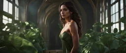 A Hyper-Realistic ,A Brune Woman ,Full Size Beautiful Natural look ,Long Legs , Bathed In Cinematic Light, Realistic Elements, Captured In Infinite Ultra-High-Definition Image Quality And Rendering, Hyperrealism, 8k Resolution, Rendered In unreal engine 5A mesmerizing depiction of dark green botanic organ mutation, inside translucent bulging glass petals. This exquisite image, possibly a painting or digital artwork, captures the complexity and elegance of this bizarre subject.the external presen