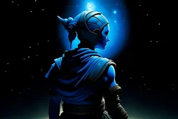 a twi'lek in tattered clothing from behind, looking up at the night sky at the Star Wars entity abeloth, as she descends from the sky, a swirling blue portal behind her far away in the sky
