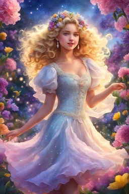 A girl with curly blonde hair and angelic eyes danced in the night amidst the colorful blooms of spring flowers, her pearl princess dress sparkling in the evening air, dispelling gloom with her beauty and grace. highly detailed, digital art, beautiful detailed digital art, colorful, high quality, 4k