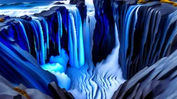 This mesmerizing ocean cliff scene captures the dramatic power and beauty of nature. Towering rugged cliffs stand majestically against the vast expanse of the ocean, where the water pours into a singular bottomless pit. The cliffs, with their sharp and jagged edges, create a stark contrast to the rough, flowing water, making the scene even more captivating. Sunlight pierces through the mist rising from the waterfalls, creating a magical, ethereal atmosphere
