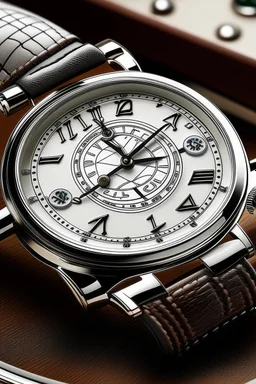 Generate an image that evokes a sense of timeless heritage in a white gold men's watch. Incorporate vintage-inspired elements, such as a retro dial or a leather strap, to create a connection with the past.