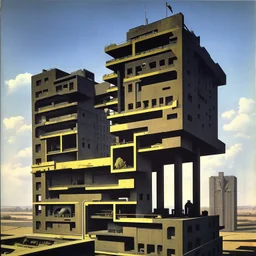 Brutalist flat in the outskirts of a big city, schizophrenic, paranoic, strong texture, Max Ernst style