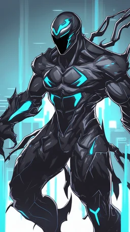 Mix between genji and venom symbiote in solo leveling shadow style with neon glowing blue