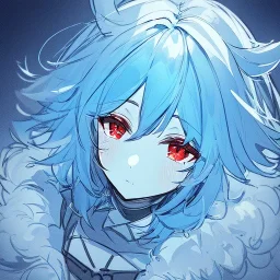 Clear focus, High resolution, rough line sketch art, cute, blue hair, fluffy hair, between eyes, red eyes