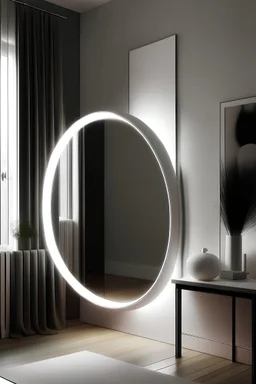 Bedroom with Vertically circle shaped standing mirror with white led lights around it.