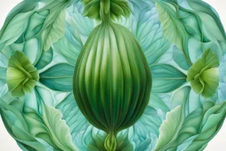 A mesmerizing depiction of dark green botanic organ mutation, inside translucent bulging glass petals. This exquisite image, possibly a painting or digital artwork, captures the complexity and elegance of this bizarre subject.the external presentation is a light blue beautiful and fragile pretty opacity, but inside is a horror muatation of botanical ecco sexual evolution. Every intricate detail is meticulously rendered, showcasing the strangeness and beauty in this strangely captivating world. T