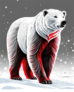 Art illustration lineal polar bear, nieve, calidad ultra, hiperdetallado, 12k, fondo blanco, color blanco, rojo, negro y marrón full body