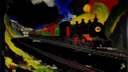 A train near lava lakes painted by Wassily Kandinsky