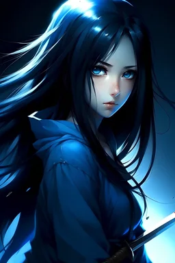 Black hair, long hair, girl, black hoodie, long pants, shining blue eyes, katana behind her back