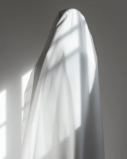The blurred body of the mannequin is photographed from behind, its form obscured by an abstract white veil that adds to its enigmatic presence in the scene. The light casting on it creates a play between shadow and shape, adding depth to what could be seen as a minimalist portrait. This composition captures the mysterious essence of a figure shrouded within the soft fabric of fashion photography. --ar 3:4 --personalize 9t64lnl --stylize 500 --v 6.1
