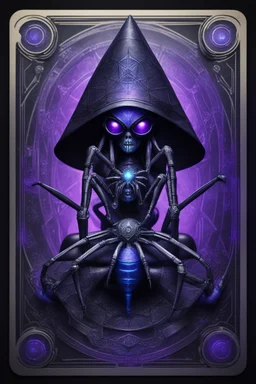 sacred geometry framed playing card, black, blue and purple drum set spider priestess cyber in witch hat shadows boss card in the style of Giger and fallout 4 ,bokeh like f/0.8, tilt-shift lens 8k, high detail, smooth render, down-light, unreal engine