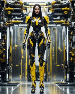 length image full body photo humanoid beautiful woman long hair with body mechanical bLack and yellow inspired design by bumble bee transformer robot sense of luxury technology future background