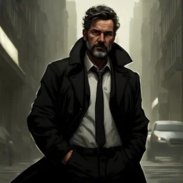 50 year old Male, has short beard, messy hair, wearing black trench coat, Detailed, Realistic