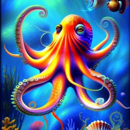 beautiful mystical underwater octopus, seashell, fish, high quality, acrylic paints, pastel colors, by Renoir