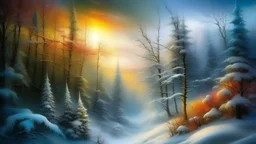 realistic winter landscape with elements of fractal painting, colorful. mighty firs, pines, everything is harmonious and beautiful, frost glitters in the air, super detail, clear quality, winter transparency of icy air, high resolution, Tim Burton, Josephine Wall, Thomas Kinkade Leonid Afremov