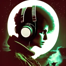 alien 1979, aliens 1986, above the sky, headphones on, VHS, new retro wave