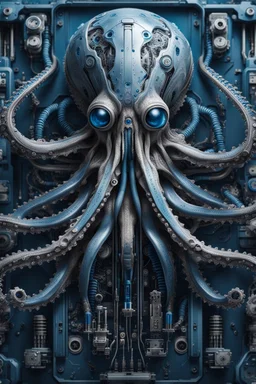 A surreal, cyberpunk mechanical octopus with a blue gel body and a flurry of intricate electronics within, rendered in hyper-realistic detail and full depth of field.