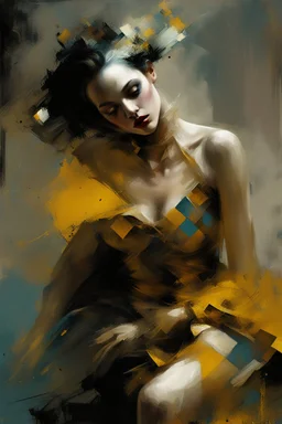 Digital Art of merry harlequin embodying the essence of merriment in a , minimalist approach, influenced by Luis Miranda, Jeremy Mann, Jeffrey Catherine Jones, blends conceptual art with elements of painting and illustration, somber tones, fragmented souls, shadow play, diffuse textures, abstract forms, digital painting, high conceptuality, palette inspired by Jeffrey Catherine Jones, golden ratio composition, fine detail, cinematic lighting.