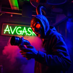 A exhaust pipe performing at dance club, his name is "exhaust pipe" and looks crazy, looks very aggressive look, Neon lights and smog, "AVGASRÖR" SIGN ON WALL