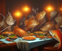 supper, fish sit at the table and eat pieces of people.