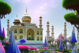 cascade,a magical crystal blue gold taj mahal,flower parc bougainvillier, blue lake,sun,white swanns,pink vertical, blue lake,sharp, vines, candlelit, endor, ornate, elegant, highly detailed, artstation, concept art, smooth, sharp focus, illustration, 8k, splash art, wallpaper, key visual