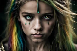 Photoreal gorgeous shot of beautiful young girl with one gold and one green eye, warrior, strong, sad, resilient, vivid vertical rainbow on left side forehead, long black tears below both eyes, forgotten realms fantasy style by lee jeffries, otherworldly creature, in the style of fantasy movies, shot on Hasselblad h6d-400c, zeiss prime lens, bokeh like f/0.8, tilt-shift lens, 8k, high detail, smooth render, unreal engine 5, cinema 4d, HDR, dust effect, vivid color